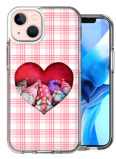 Apple iPhone 15 Plus Valentine's Day Garden Gnomes Heart Love Pink Plaid Design Double Layer Phone Case Cover