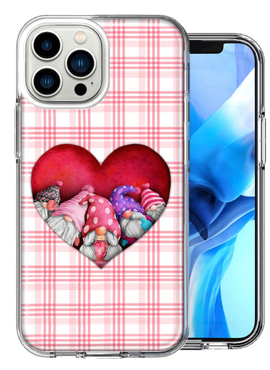 Apple iPhone 13 Pro Max Valentine's Day Garden Gnomes Heart Love Pink Plaid Double Layer Phone Case Cover