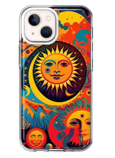 Apple iPhone 13 Neon Rainbow Psychedelic Indie Hippie Sun Moon Hybrid Protective Phone Case Cover