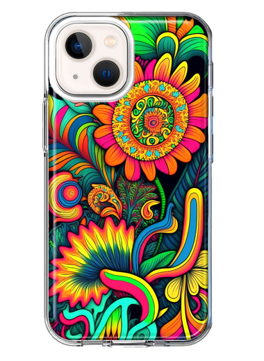 Apple iPhone 13 Neon Rainbow Psychedelic Indie Hippie Sunflowers Hybrid Protective Phone Case Cover