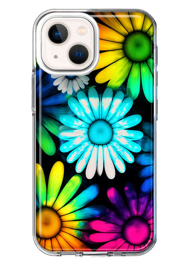 Apple iPhone 13 Neon Rainbow Daisy Glow Colorful Daisies Baby Blue Pink Yellow White Double Layer Phone Case Cover