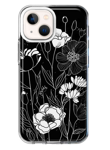 Apple iPhone 13 Line Drawing Art White Floral Flowers Hybrid Protective Phone Case Cover