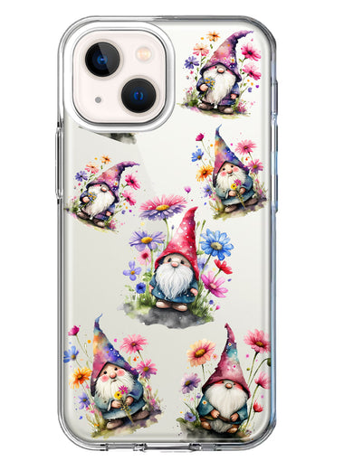 Apple iPhone 13 Mini Cute Pink Purple Cosmos Flowers Gnomes Spring Floral Double Layer Phone Case Cover