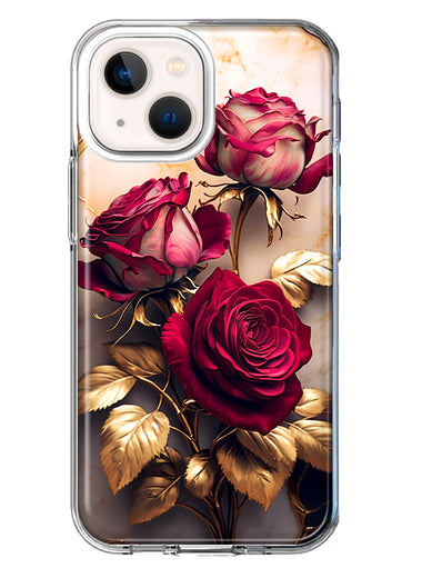 Apple iPhone 13 Romantic Elegant Gold Marble Red Roses Double Layer Phone Case Cover