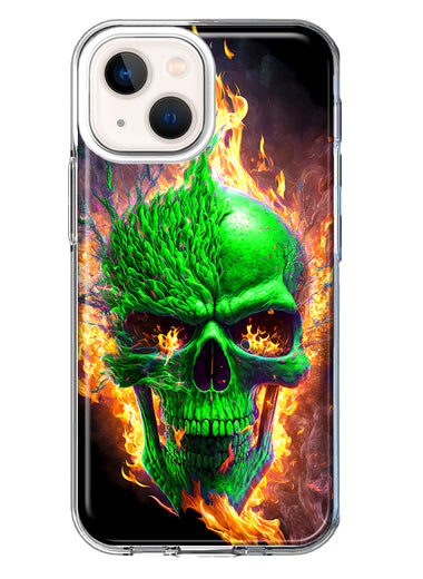 Apple iPhone 13 Mini Green Flaming Skull Burning Fire Double Layer Phone Case Cover