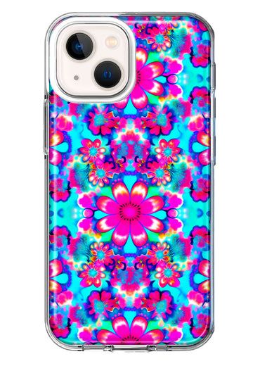 Apple iPhone 13 Pink Blue Vintage Hippie Tie Dye Flowers Hybrid Protective Phone Case Cover