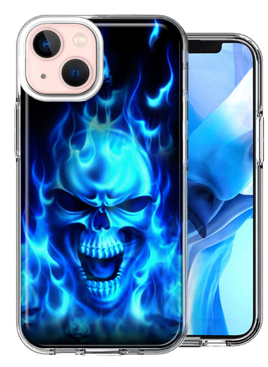 Apple iPhone 14 Blue Flaming Skull Double Layer Phone Case Cover