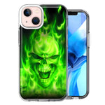Apple iPhone 15 Green Flaming Skull Double Layer Phone Case Cover