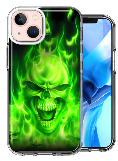 Apple iPhone 14 Green Flaming Skull Double Layer Phone Case Cover