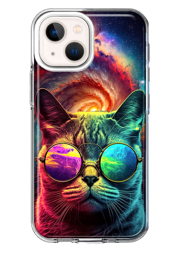 Apple iPhone 13 Neon Rainbow Galaxy Cat Hybrid Protective Phone Case Cover