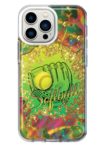 Apple iPhone 13 Pro Love Softball Girls Glove Green Tie Dye Swirl Paint Hybrid Protective Phone Case Cover