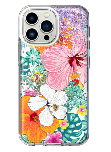 Apple iPhone 13 Pro Hawaiian Vibes Hibiscus Flowers Monstera Vacation Summer Hybrid Protective Phone Case Cover