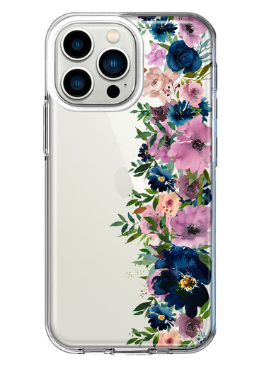 Apple iPhone 13 Pro Navy Blue Summer Watercolor Floral Classic Purple Flowers Hybrid Protective Phone Case Cover