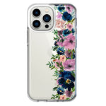 Apple iPhone 13 Pro Navy Blue Summer Watercolor Floral Classic Purple Flowers Hybrid Protective Phone Case Cover