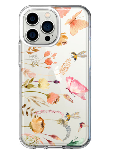 Apple iPhone 13 Pro Peach Meadow Wildflowers Butterflies Bees Watercolor Floral Hybrid Protective Phone Case Cover