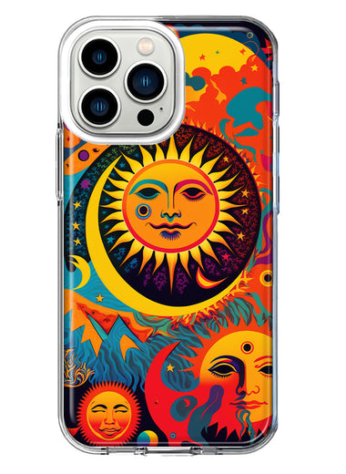 Apple iPhone 13 Pro Neon Rainbow Psychedelic Indie Hippie Sun Moon Hybrid Protective Phone Case Cover
