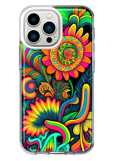 Apple iPhone 13 Pro Neon Rainbow Psychedelic Indie Hippie Sunflowers Hybrid Protective Phone Case Cover