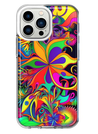 Apple iPhone 13 Pro Neon Rainbow Psychedelic Hippie Wild Flowers Hybrid Protective Phone Case Cover