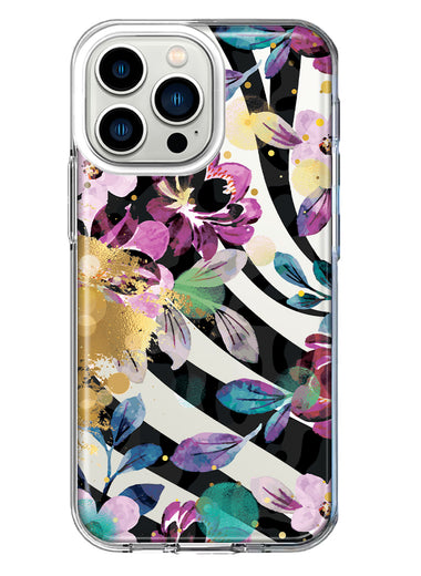 Apple iPhone 13 Pro Zebra Stripes Tropical Flowers Purple Blue Summer Vibes Hybrid Protective Phone Case Cover
