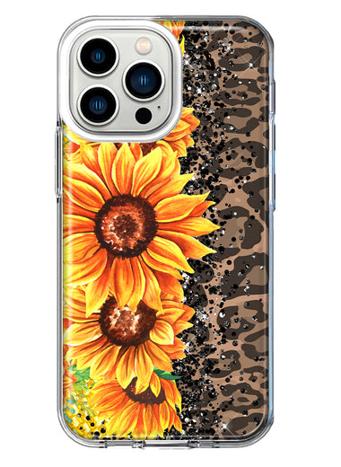 Apple iPhone 13 Pro Yellow Summer Sunflowers Brown Leopard Honeycomb Hybrid Protective Phone Case Cover