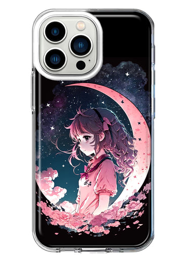 Apple iPhone 13 Pro Kawaii Manga Pink Cherry Blossom Dreaming Moon Girl Hybrid Protective Phone Case Cover