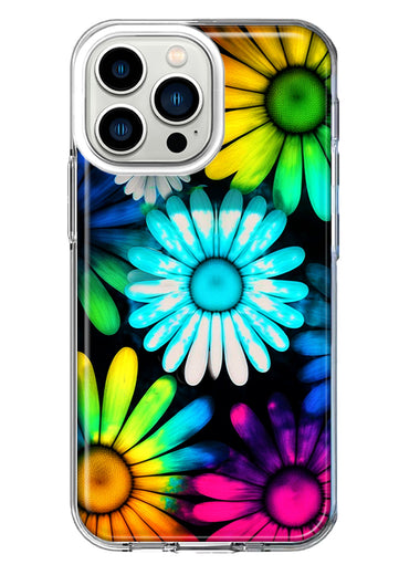 Apple iPhone 13 Pro Neon Rainbow Daisy Glow Colorful Daisies Baby Blue Pink Yellow White Double Layer Phone Case Cover