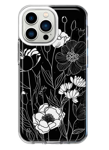 Apple iPhone 13 Pro Line Drawing Art White Floral Flowers Hybrid Protective Phone Case Cover