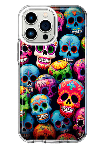 Apple iPhone 13 Pro Halloween Spooky Colorful Day of the Dead Skulls Hybrid Protective Phone Case Cover