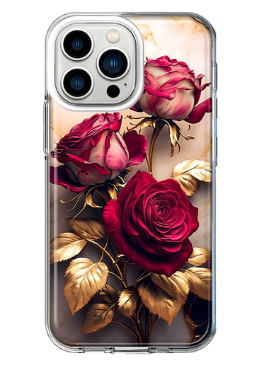 Apple iPhone 13 Pro Romantic Elegant Gold Marble Red Roses Double Layer Phone Case Cover