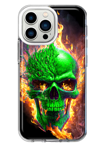 Apple iPhone 13 Pro Green Flaming Skull Burning Fire Double Layer Phone Case Cover