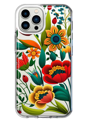 Apple iPhone 13 Pro Max Colorful Red Orange Folk Style Floral Vibrant Spring Flowers Hybrid Protective Phone Case Cover