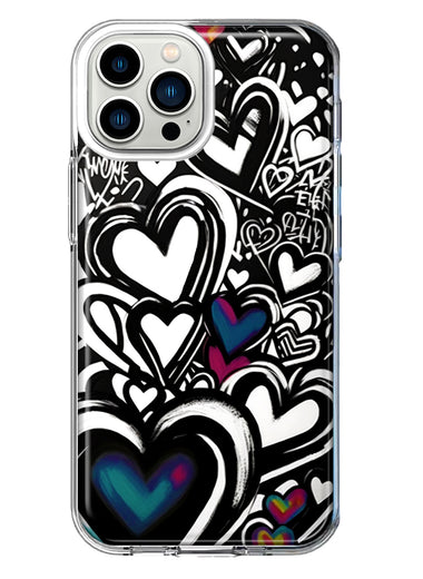 Apple iPhone 13 Pro Max Black White Hearts Love Graffiti Hybrid Protective Phone Case Cover