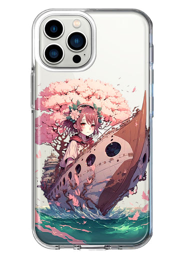 Apple iPhone 13 Pro Max Kawaii Manga Pink Cherry Blossom Japanese Girl Boat Hybrid Protective Phone Case Cover