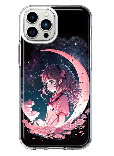 Apple iPhone 11 Pro Max Kawaii Manga Pink Cherry Blossom Dreaming Moon Girl Hybrid Protective Phone Case Cover