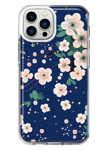 Apple iPhone 13 Pro Max Kawaii Japanese Pink Cherry Blossom Navy Blue Hybrid Protective Phone Case Cover