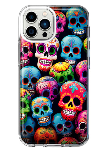 Apple iPhone 13 Pro Max Halloween Spooky Colorful Day of the Dead Skulls Hybrid Protective Phone Case Cover