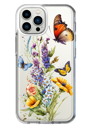 Apple iPhone 13 Pro Max Yellow Purple Spring Flowers Butterflies Floral Hybrid Protective Phone Case Cover