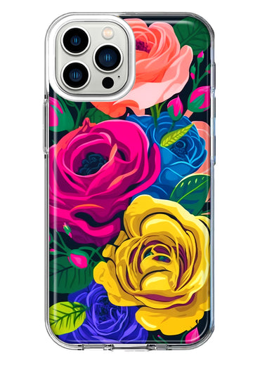 Apple iPhone 11 Pro Max Vintage Pastel Abstract Colorful Pink Yellow Blue Roses Double Layer Phone Case Cover