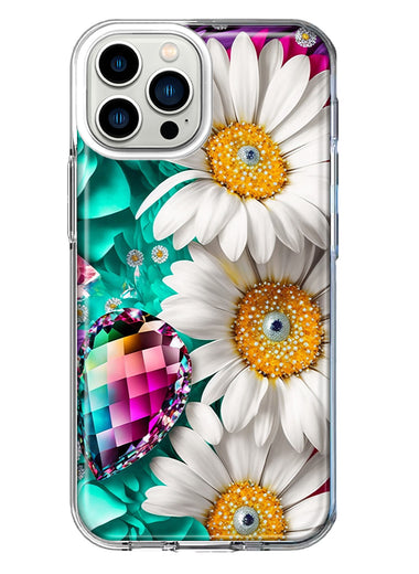 Apple iPhone 13 Pro Max Colorful Crystal White Daisies Rainbow Gems Teal Double Layer Phone Case Cover