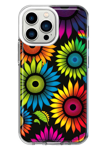 Apple iPhone 13 Pro Neon Rainbow Glow Sunflowers Colorful Floral Pink Purple Double Layer Phone Case Cover