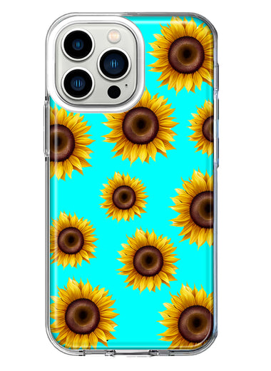 Apple iPhone 13 Pro Yellow Sunflowers Polkadot on Turquoise Teal Double Layer Phone Case Cover