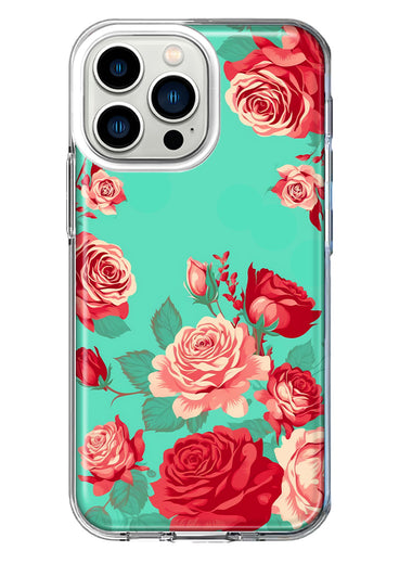 Apple iPhone 13 Pro Turquoise Teal Vintage Pastel Pink Red Roses Double Layer Phone Case Cover