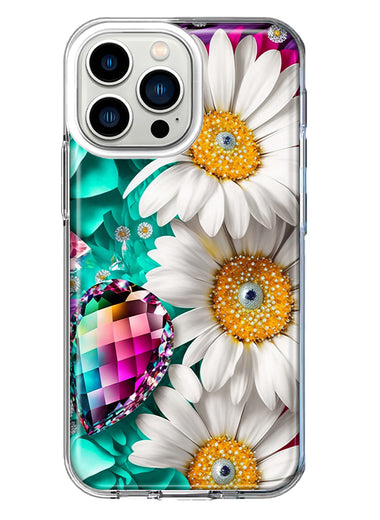 Apple iPhone 13 Pro Colorful Crystal White Daisies Rainbow Gems Teal Double Layer Phone Case Cover