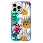 Apple iPhone 13 Pro Colorful Crystal White Daisies Rainbow Gems Teal Double Layer Phone Case Cover