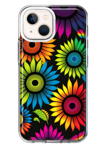 Apple iPhone 13 Neon Rainbow Glow Sunflowers Colorful Floral Pink Purple Double Layer Phone Case Cover
