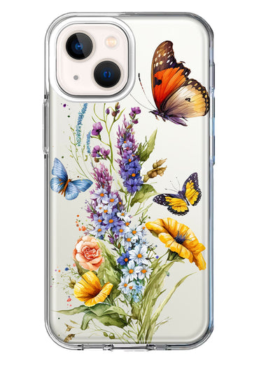 Apple iPhone 13 Yellow Purple Spring Flowers Butterflies Floral Hybrid Protective Phone Case Cover