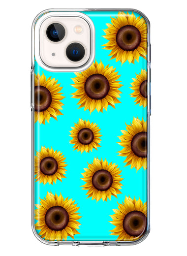 Apple iPhone 13 Yellow Sunflowers Polkadot on Turquoise Teal Double Layer Phone Case Cover