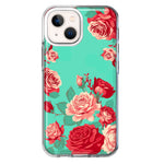 Apple iPhone 13 Turquoise Teal Vintage Pastel Pink Red Roses Double Layer Phone Case Cover