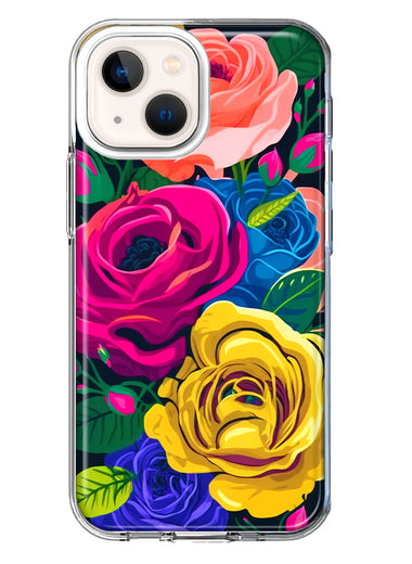 Apple iPhone 13 Vintage Pastel Abstract Colorful Pink Yellow Blue Roses Double Layer Phone Case Cover