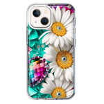 Apple iPhone 13 Mini Colorful Crystal White Daisies Rainbow Gems Teal Double Layer Phone Case Cover